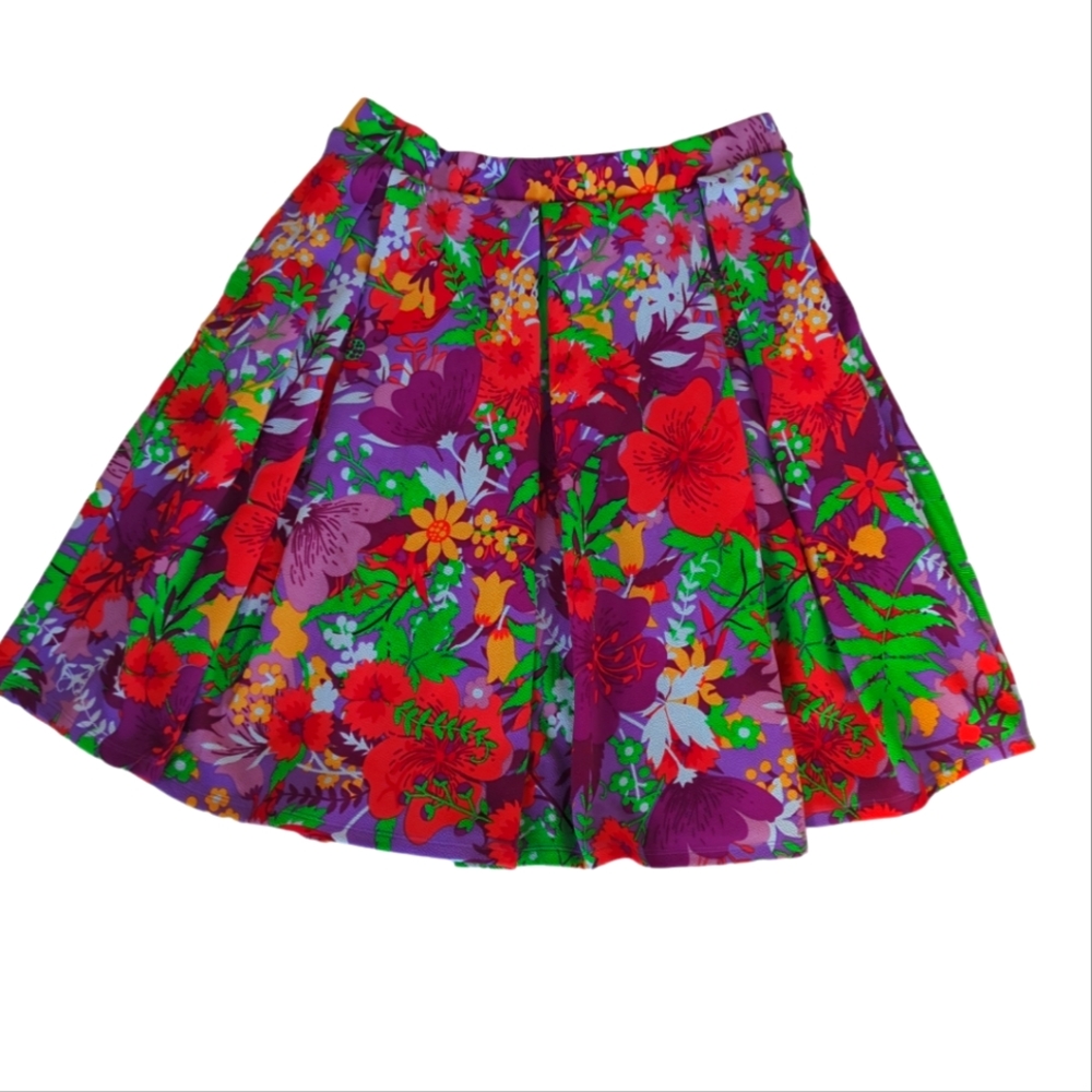 LuLaRoe Floral Tropical Pleated A-Line Skirt Large Coral Yellow Purple Boho
